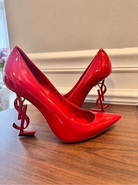 Yves Saint Laurent Red Patent Logo-Heel Pointed Pumps (EXCLUSIVE)